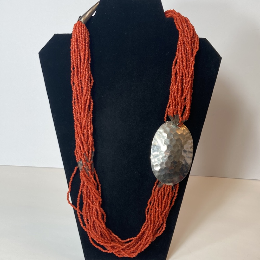 27" Large Orange Seed Bead Statement Necklace with Hammered Metal Accent